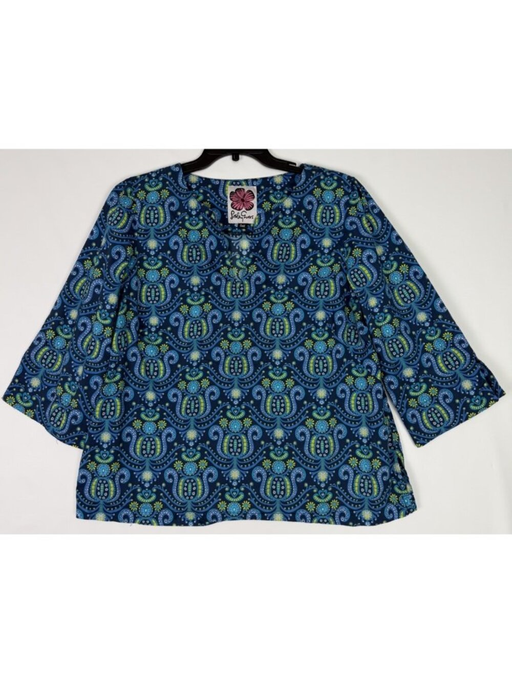 Lesley Evers Top OneX Blue Green Paisley Floral Print 100% Cotton V-Neck Blouse